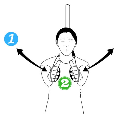A person facing forward with arms out to the sides, hands holding the paddles. Arrows show the straight arms coming together in front of the body.
