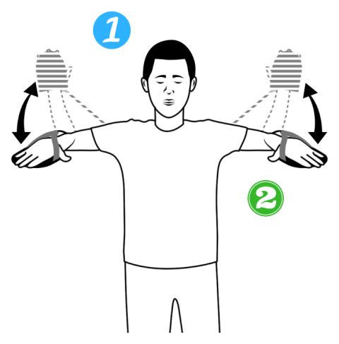 A person facing forward with both arms out to the sides at shoulder height, elbows bent at 90 degrees. Arrows show the forearms moving up and down from the grey starting position.