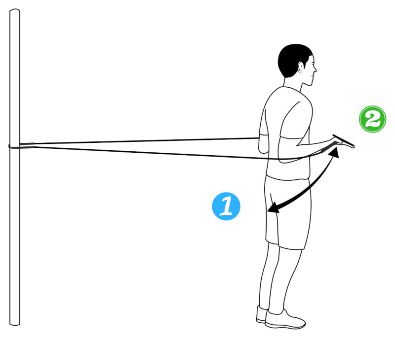A person standing sideways to a post, arm straight along the body with the paddle by the hip. An arrow shows the forearm lifting upward with the elbow against the body.