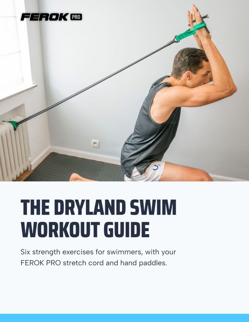 Cover of the Dryland Swim Workout Guide: a lunging athlete pulling a green cord, with the title below